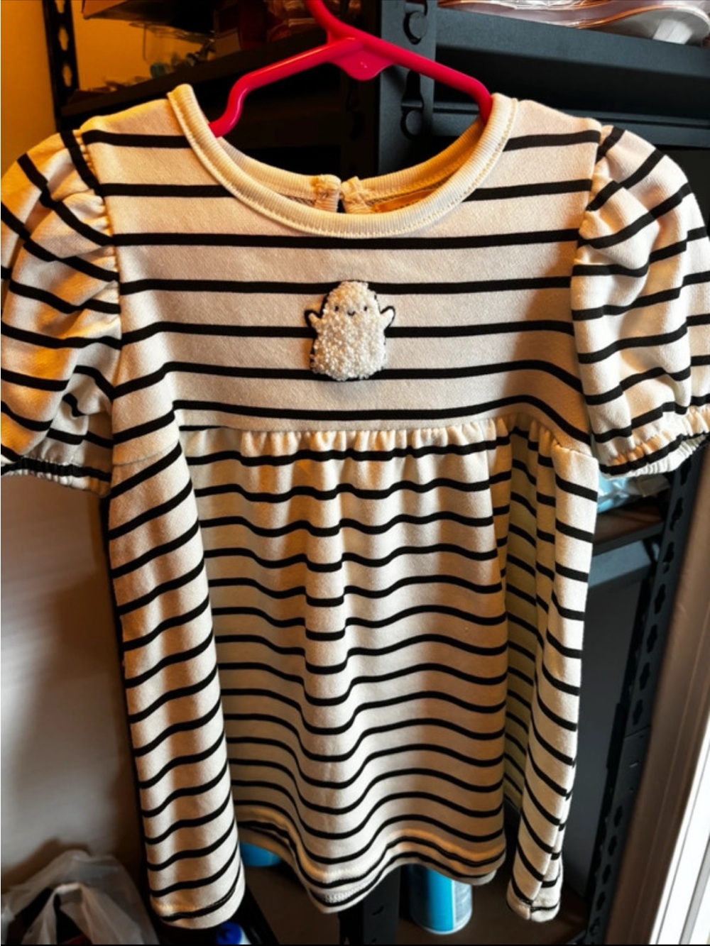 Girls Black & White Striped Long Sleeve Top with Textured Chest Patch